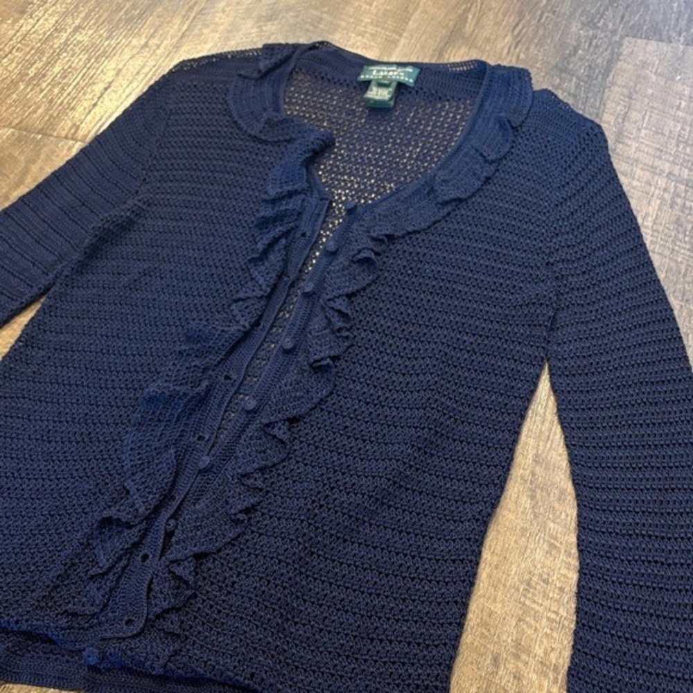 Lauren Ralph Lauren Navy Blue Hand Knit Ruffle Crochet Cardigan Bell Sleeve M
